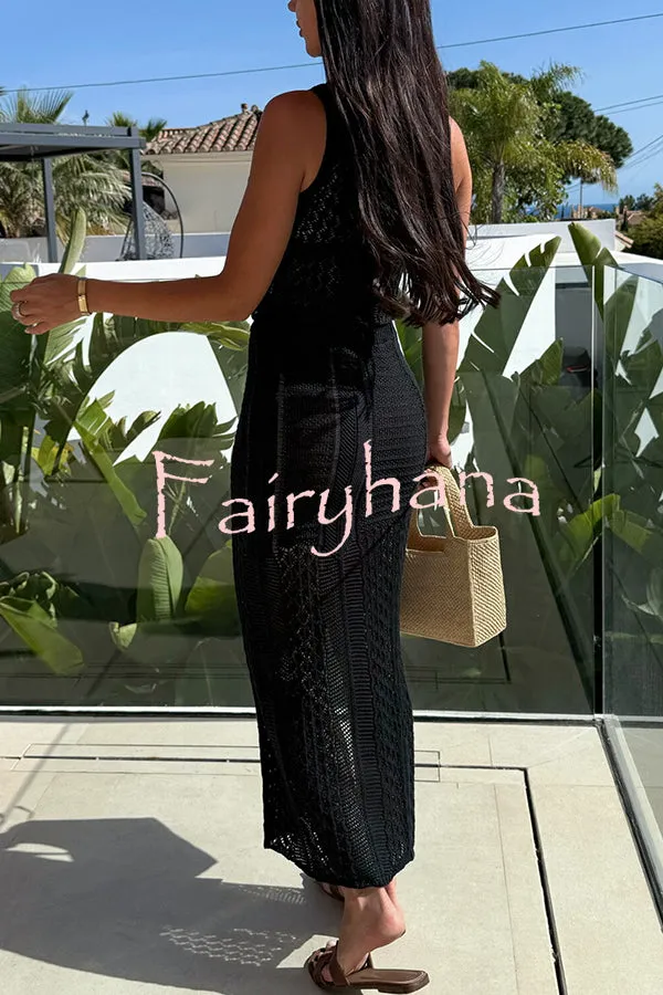 Solid Color Sleeveless Hollow Knit Crop Top and Elastic Slit Slim Midi Skirt Set