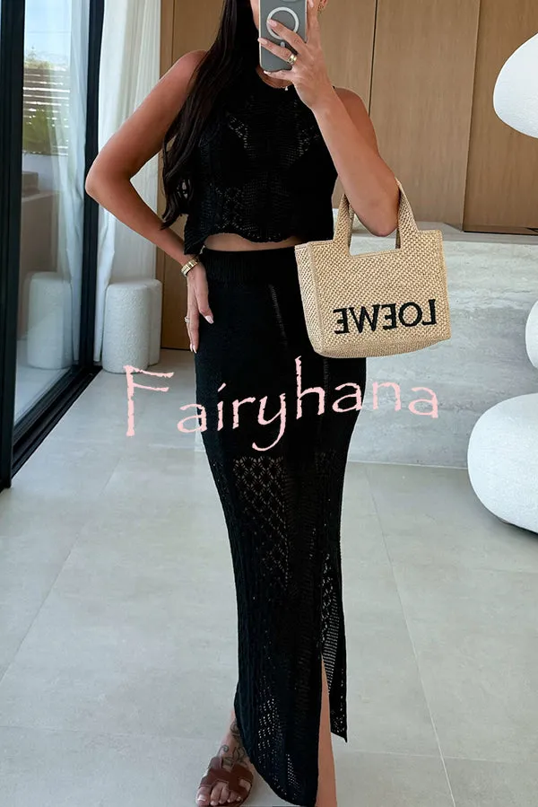 Solid Color Sleeveless Hollow Knit Crop Top and Elastic Slit Slim Midi Skirt Set