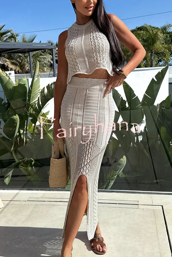 Solid Color Sleeveless Hollow Knit Crop Top and Elastic Slit Slim Midi Skirt Set