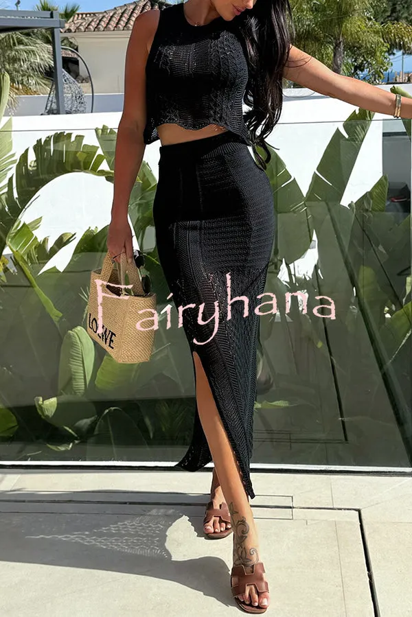 Solid Color Sleeveless Hollow Knit Crop Top and Elastic Slit Slim Midi Skirt Set