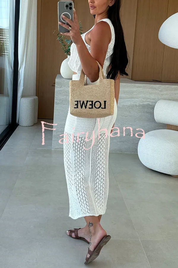 Solid Color Sleeveless Hollow Knit Crop Top and Elastic Slit Slim Midi Skirt Set