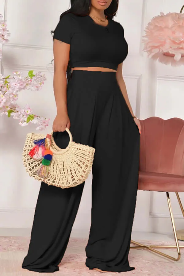 Solid Color Wide Leg Casual Pants Set