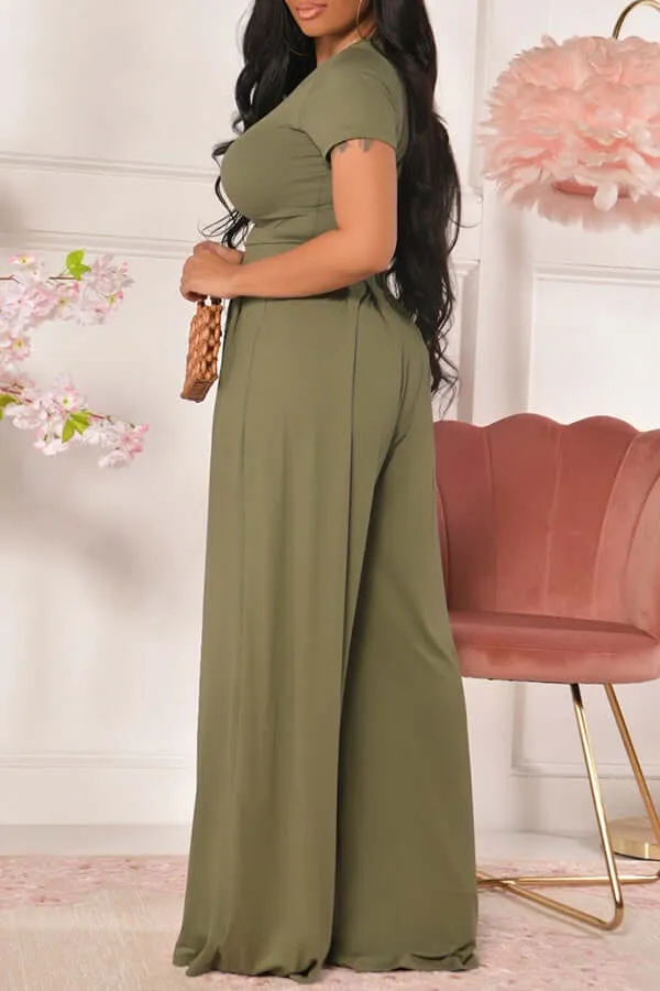 Solid Color Wide Leg Casual Pants Set