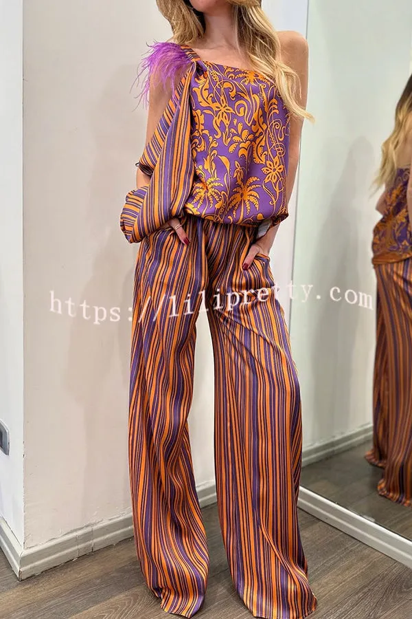 Sora Unique Print Feather One Shoulder Slit Sleeve Top and Elastic Waist Pocket Pants Set