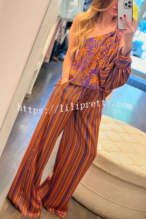Sora Unique Print Feather One Shoulder Slit Sleeve Top and Elastic Waist Pocket Pants Set