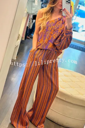 Sora Unique Print Feather One Shoulder Slit Sleeve Top and Elastic Waist Pocket Pants Set