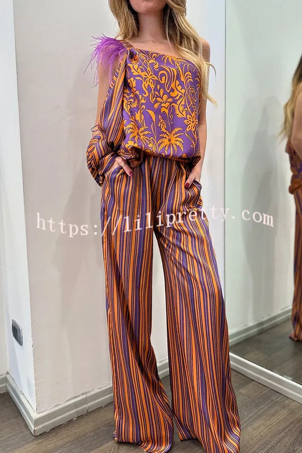 Sora Unique Print Feather One Shoulder Slit Sleeve Top and Elastic Waist Pocket Pants Set
