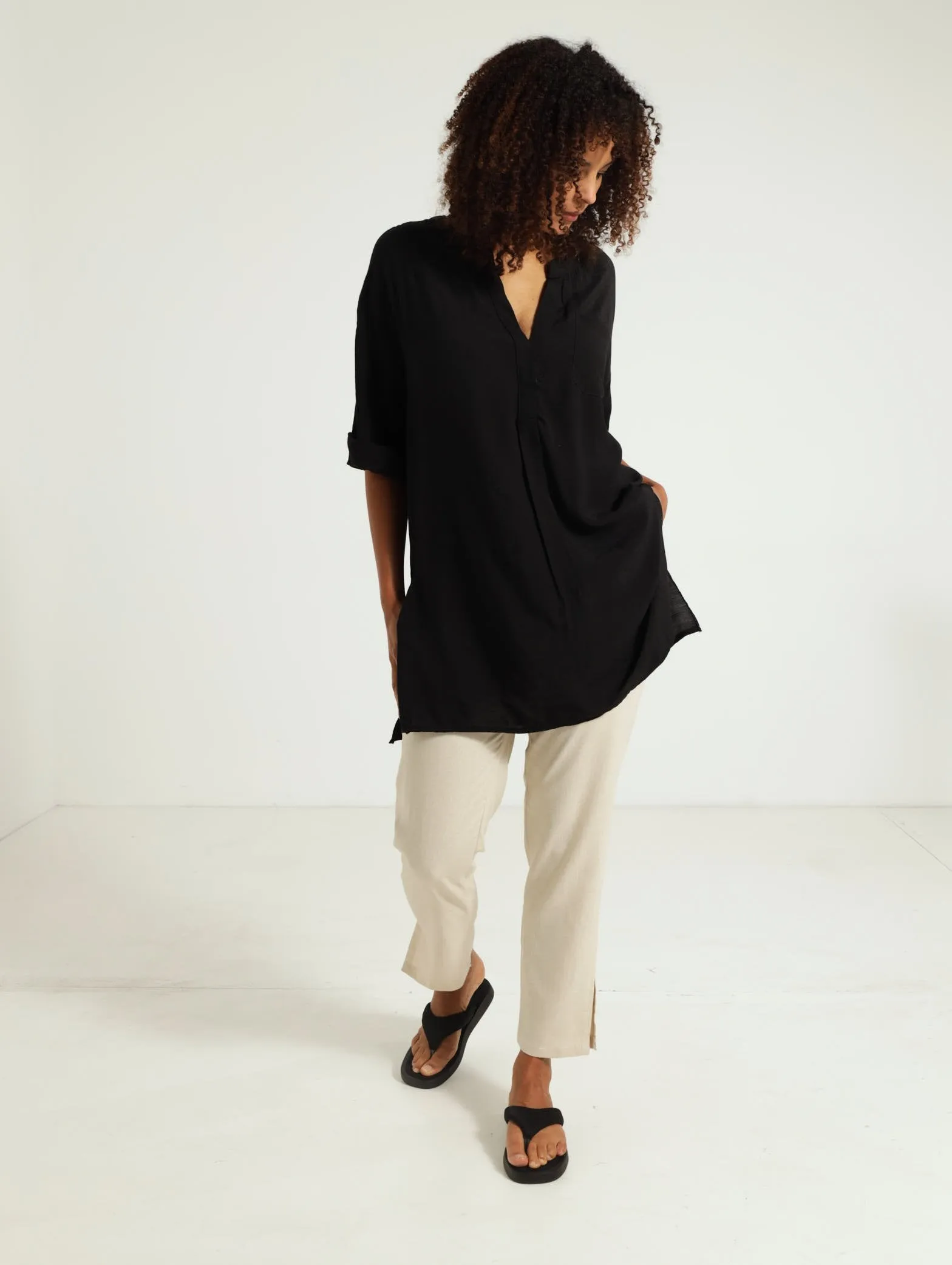 Split Mandarin Longer Length Cover Up - Black