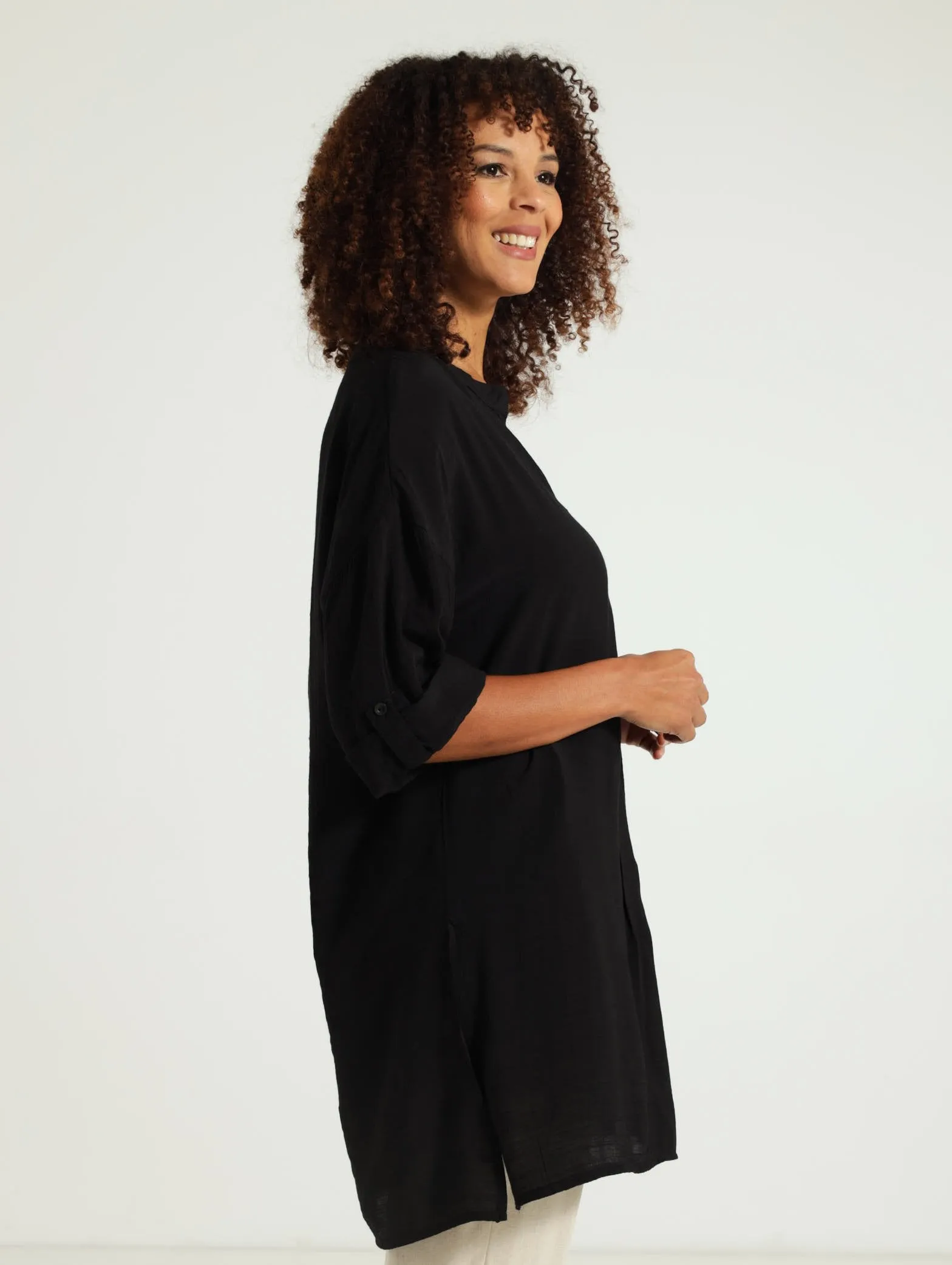 Split Mandarin Longer Length Cover Up - Black