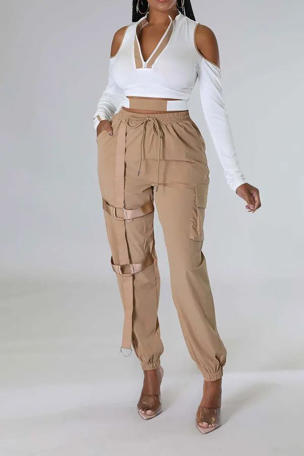 storexq Color Block Patchwork Cool Cold Shoulder Pant Suit
