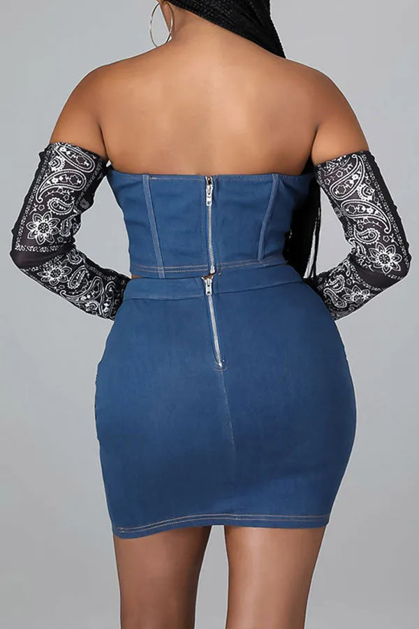 storexq Paisley Patchwork Bandeau Romantic Denim Dress Suit