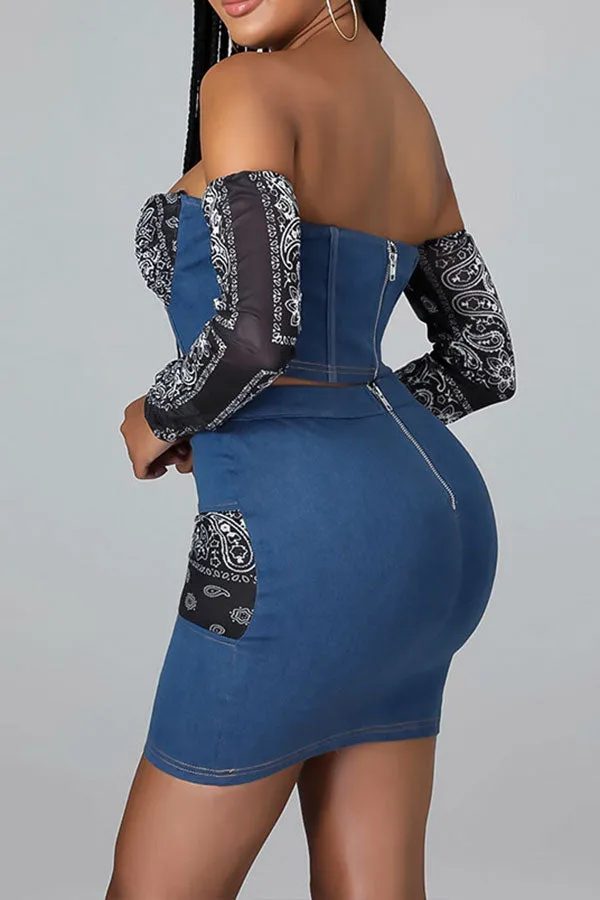 storexq Paisley Patchwork Bandeau Romantic Denim Dress Suit