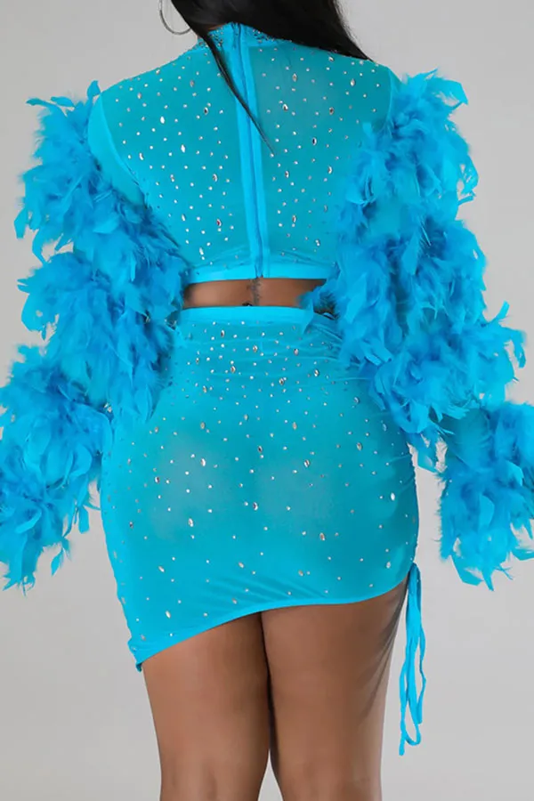storexq Rhinestone Striking Feather Sleeve Irregular Dress Suit
