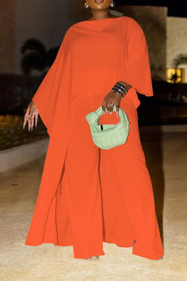 storexq Solid Color Boat Neck Dramatic Irregular Pant Suit