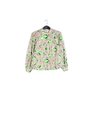 Stripe and green floral print puffed-sleeve top