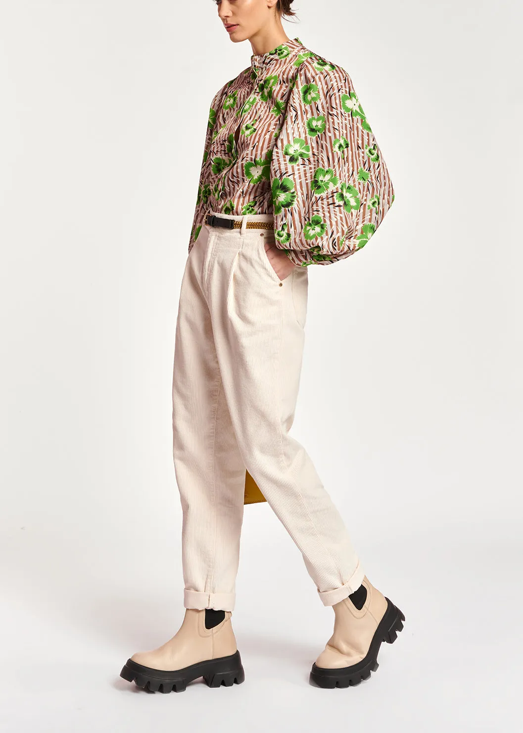 Stripe and green floral print puffed-sleeve top