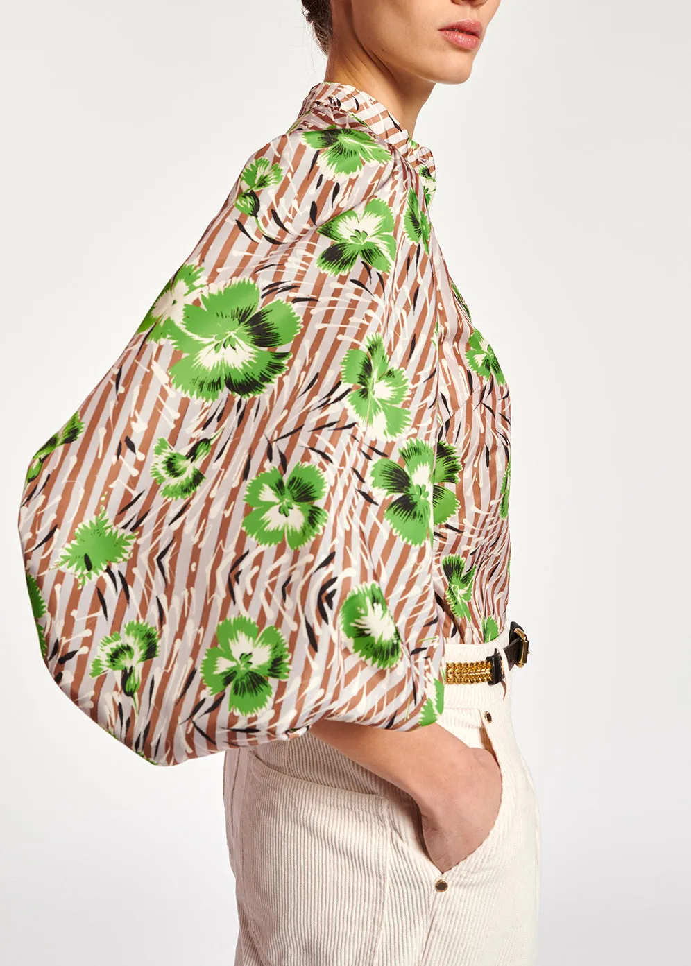 Stripe and green floral print puffed-sleeve top