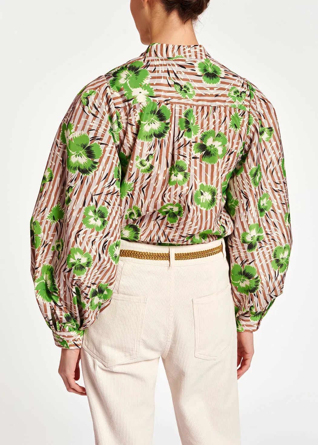 Stripe and green floral print puffed-sleeve top