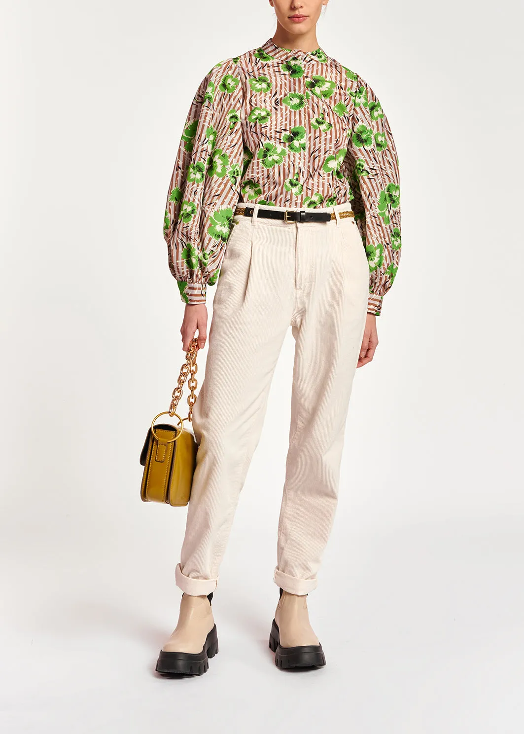 Stripe and green floral print puffed-sleeve top