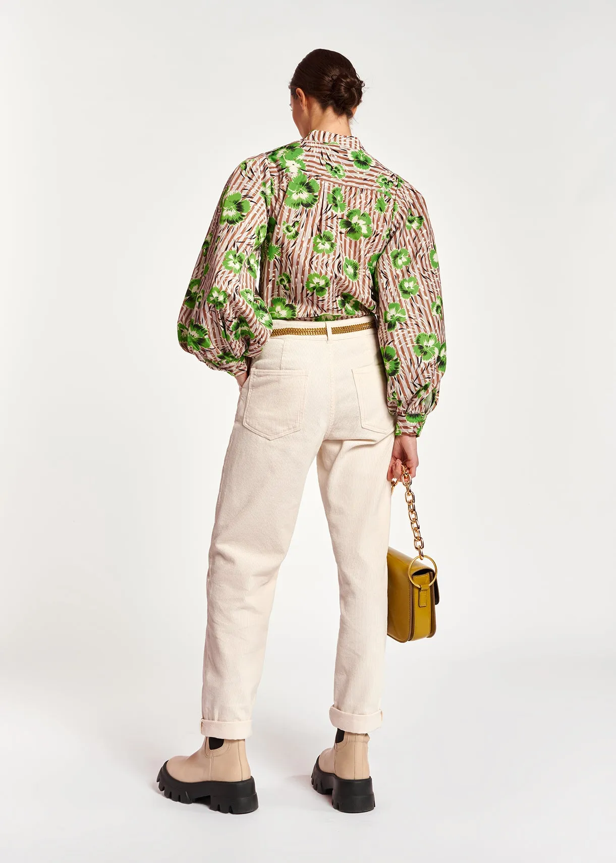 Stripe and green floral print puffed-sleeve top