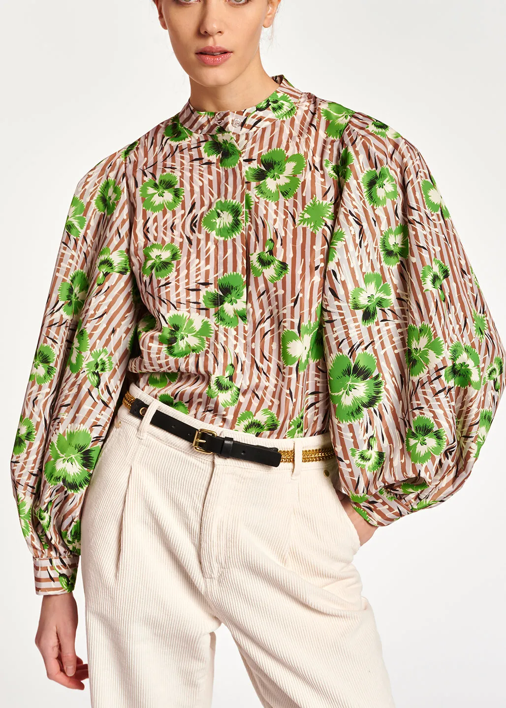 Stripe and green floral print puffed-sleeve top