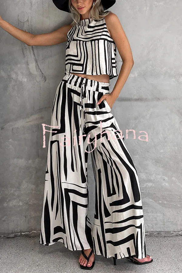 Striped Printed Sleeveless Casual Top and Elastic Waist Loose Pocket Wide-leg Pants Set