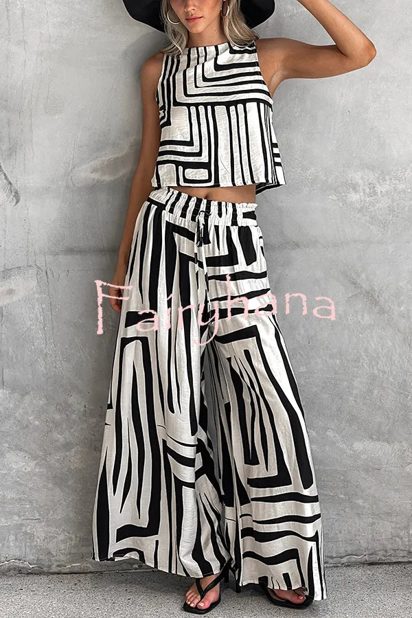 Striped Printed Sleeveless Casual Top and Elastic Waist Loose Pocket Wide-leg Pants Set