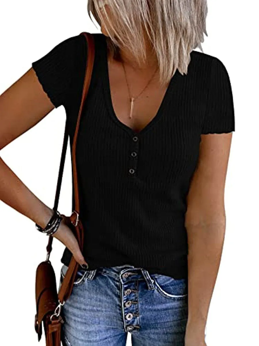 Stunncal Solid Color V-Neck Short Sleeve T-Shirt(7 colors)