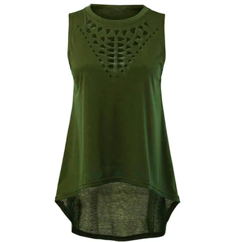 Style Women Sleeveless Hollow Out Blouses Casual Vest Loose Blouse O Neck Tank Tops Plus Size