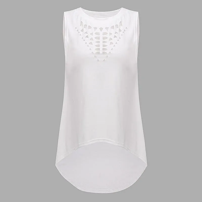 Style Women Sleeveless Hollow Out Blouses Casual Vest Loose Blouse O Neck Tank Tops Plus Size