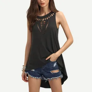 Style Women Sleeveless Hollow Out Blouses Casual Vest Loose Blouse O Neck Tank Tops Plus Size