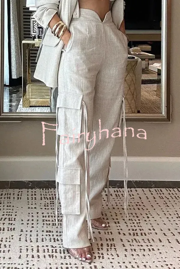 Stylish Lapel Long Sleeve Loose Jacket and Casual Pocket Lace-up Straight Leg Pants Set