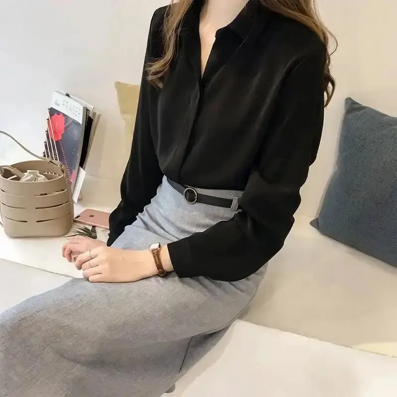 Summer Elegant Ladies Chiffon Tops Solid Color Long Sleeved Simple Ladies Chiffon Tops and Blouses