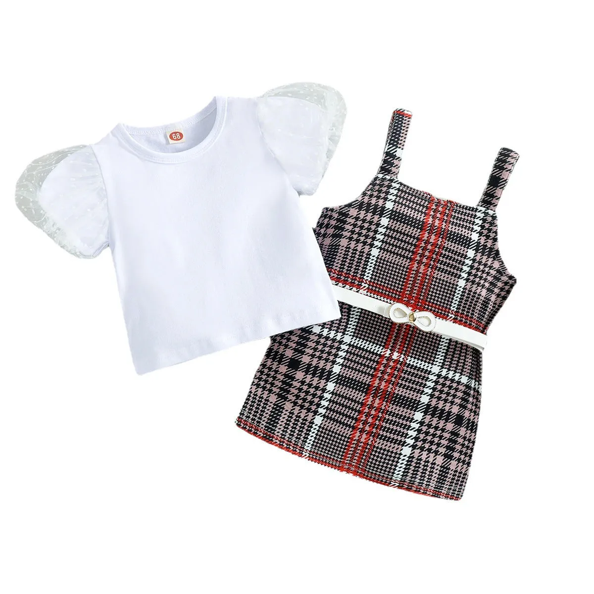Summer puff sleeve plaid suspender skirt belt children's suits in stock FD