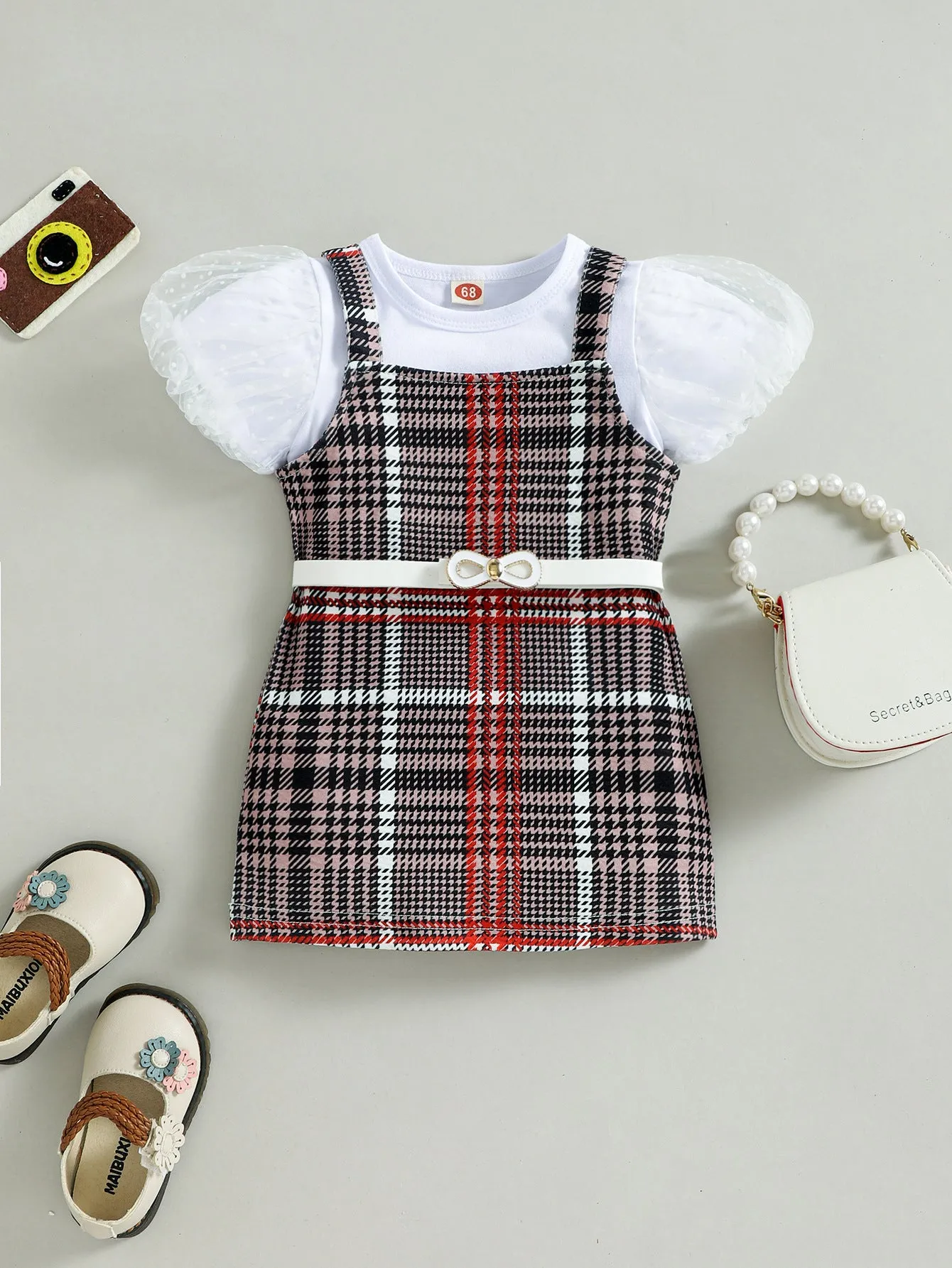 Summer puff sleeve plaid suspender skirt belt children's suits in stock FD