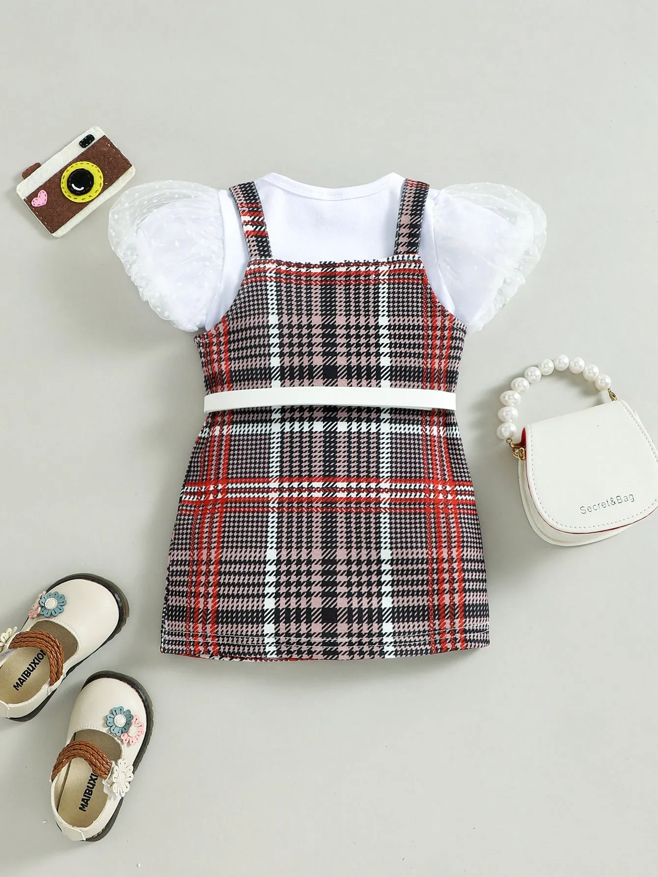 Summer puff sleeve plaid suspender skirt belt children's suits in stock FD
