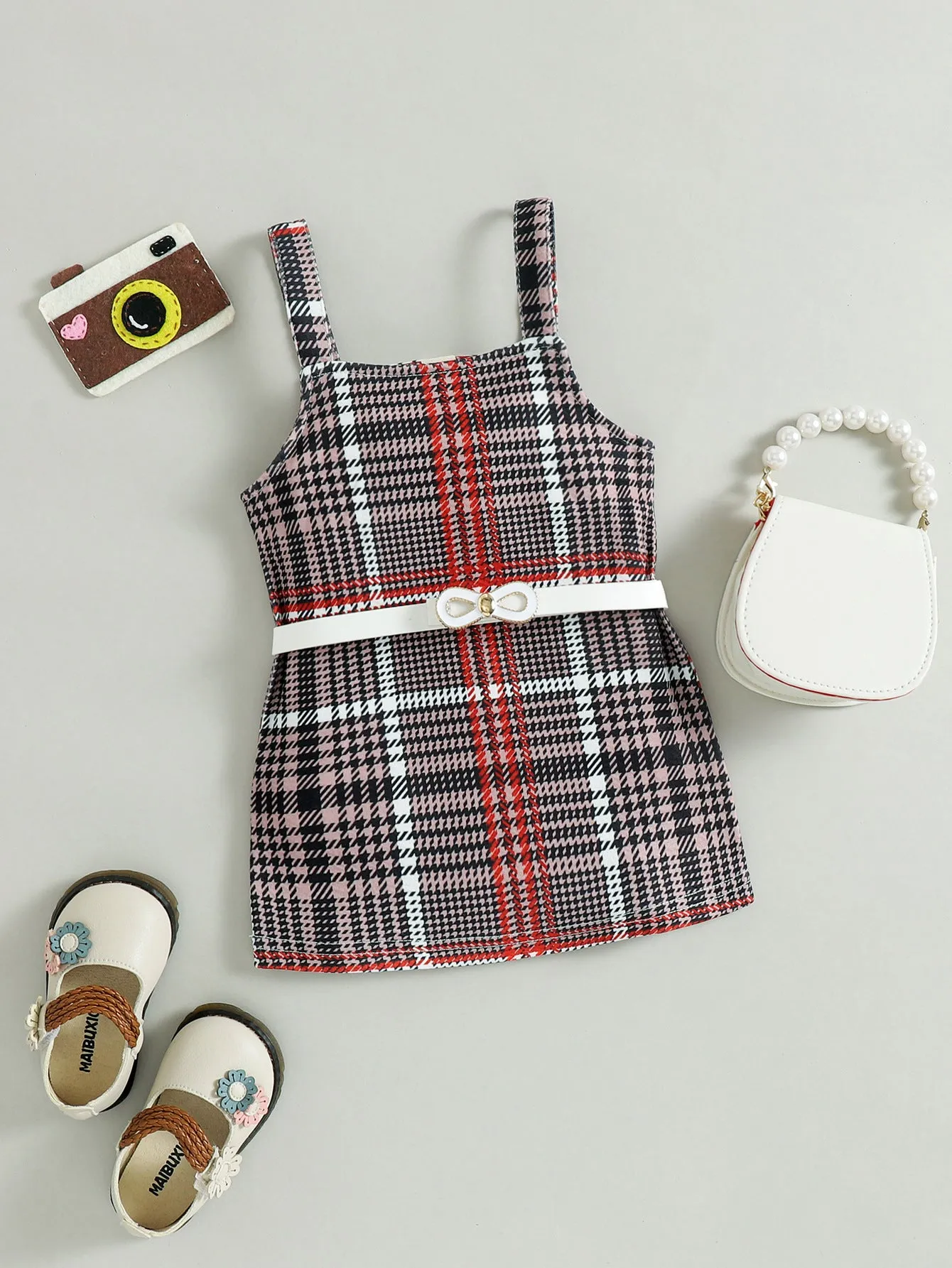 Summer puff sleeve plaid suspender skirt belt children's suits in stock FD