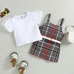 Summer puff sleeve plaid suspender skirt belt children's suits in stock FD