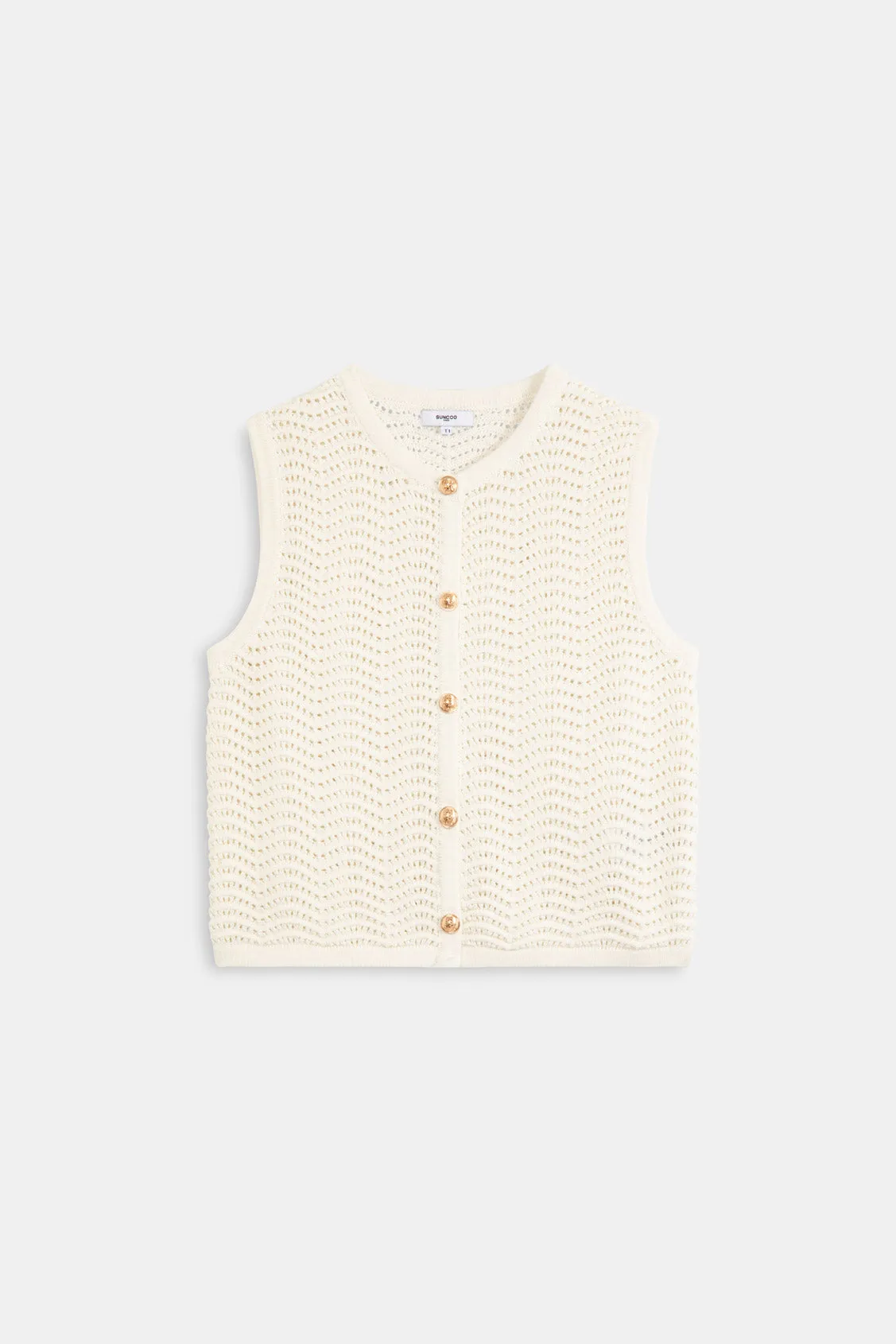 Suncoo Gemi White Openwork Knit Sleeveless Gilet Style Cardigan