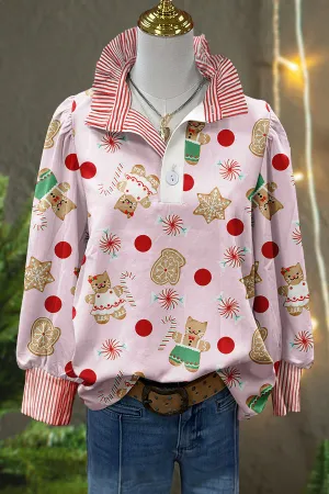 Sweet Christmas Gingerbread Cat Print Puff Sleeve Top