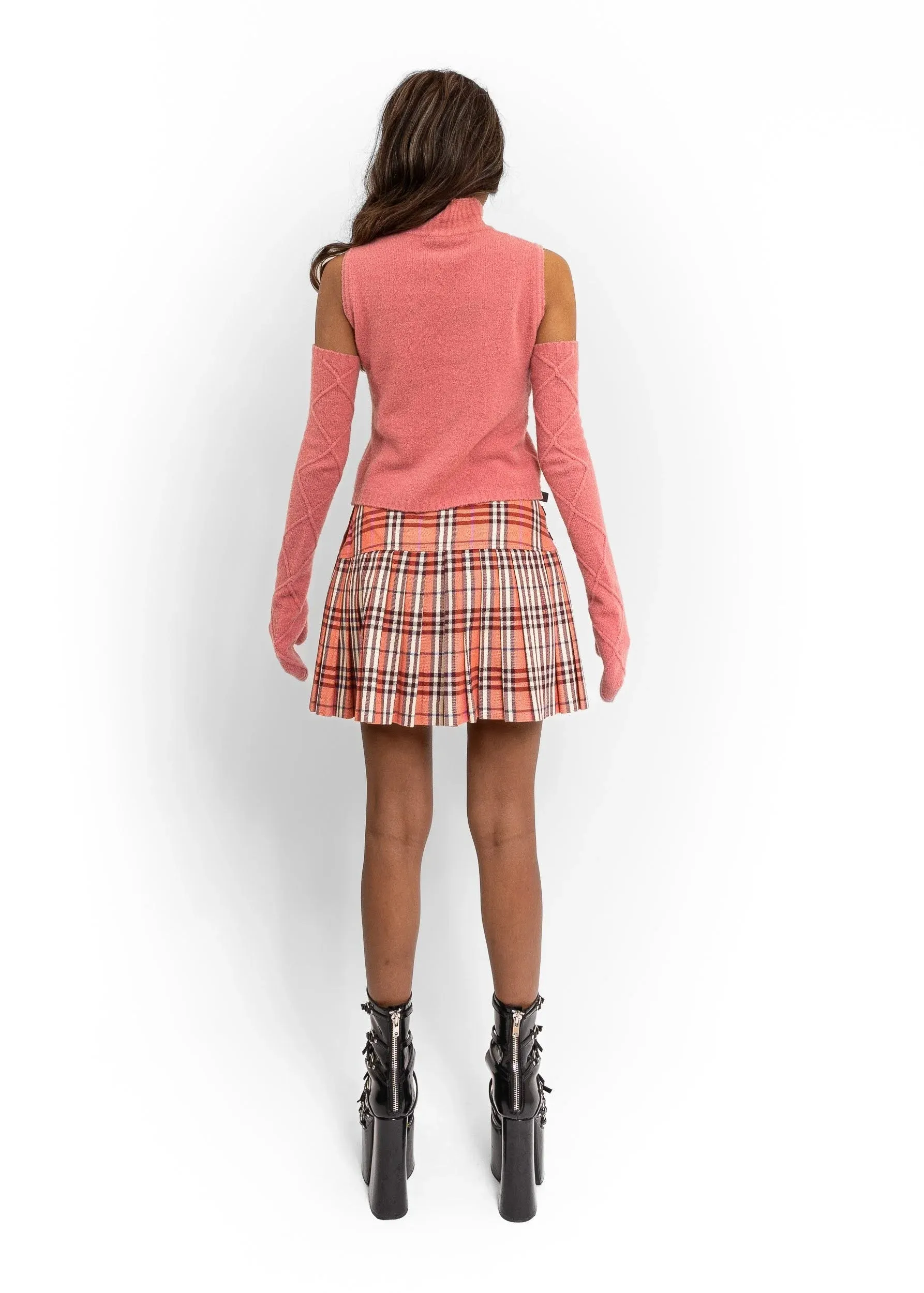 Tartan wool pleated mini skirt with leather buckles