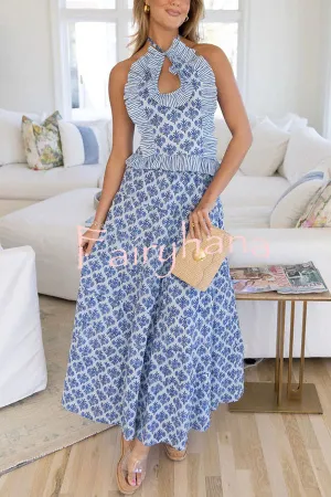 Tatum Printed Ruffle Trim Halter Top and Elastic Waist Flowy Maxi Skirt Set