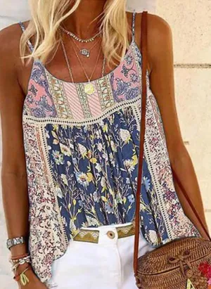 TK10110 Floral Casual Camisole Neckline Sleeveless Blouses