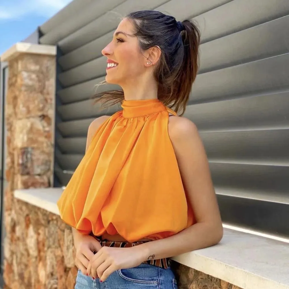 Top Women Sexy Blouses Orange Crop Ladies Shirts Halter Sleeveless Girl Summer Blusas Clothing Female Chic Tops