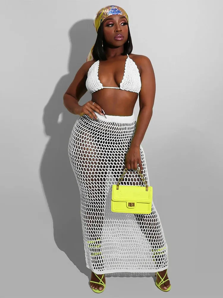 Townlike Hollow Out Bandage Sexy Two Piece Set Spaghetti Strap Top And Long Skirt