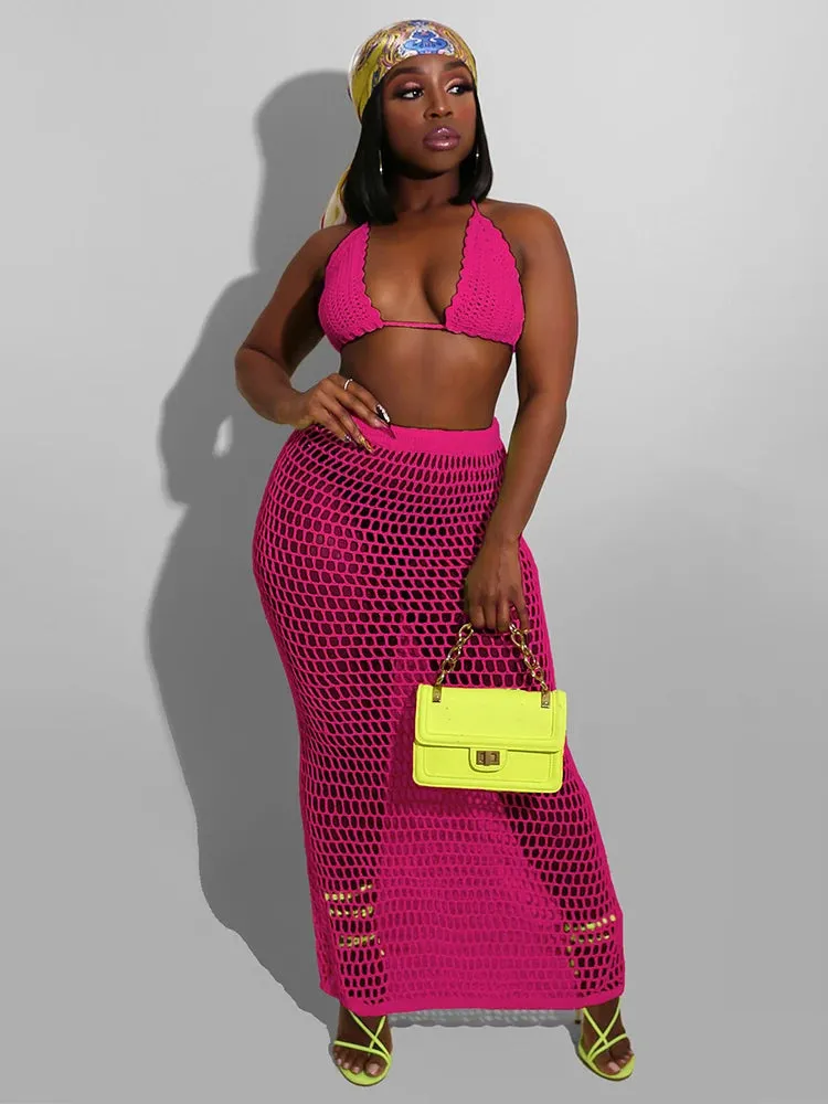 Townlike Hollow Out Bandage Sexy Two Piece Set Spaghetti Strap Top And Long Skirt