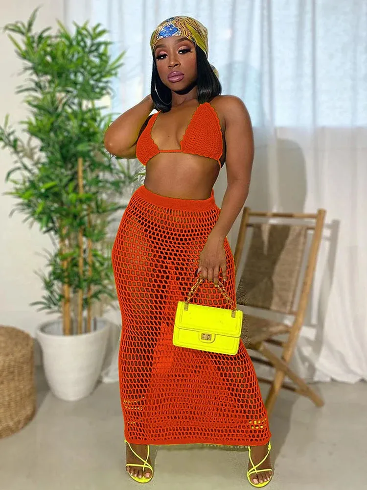 Townlike Hollow Out Bandage Sexy Two Piece Set Spaghetti Strap Top And Long Skirt