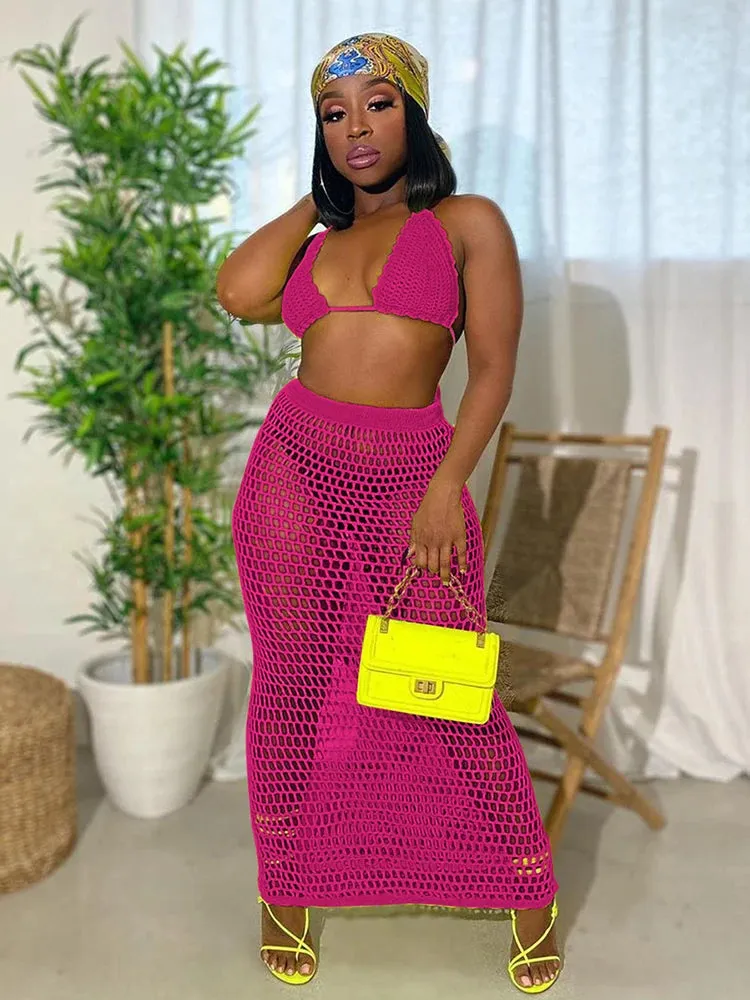 Townlike Hollow Out Bandage Sexy Two Piece Set Spaghetti Strap Top And Long Skirt