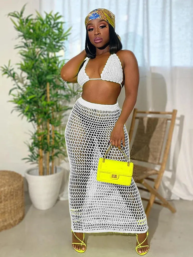 Townlike Hollow Out Bandage Sexy Two Piece Set Spaghetti Strap Top And Long Skirt
