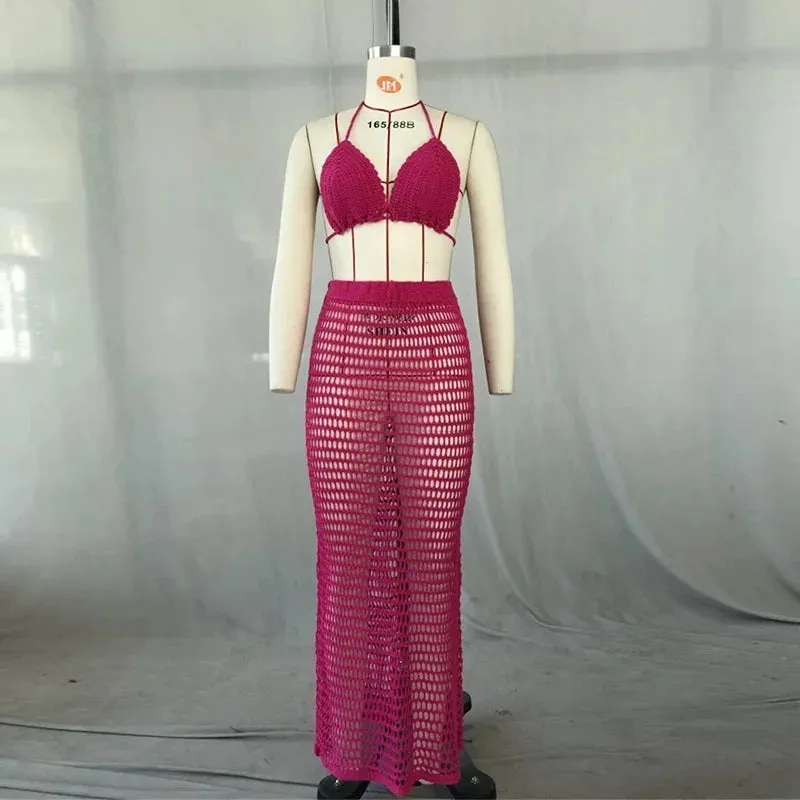 Townlike Hollow Out Bandage Sexy Two Piece Set Spaghetti Strap Top And Long Skirt